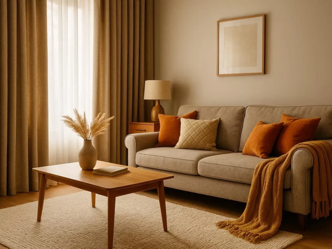 как совместить дерево, шторы и ковер