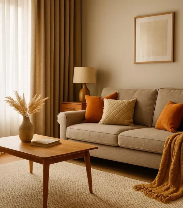 как совместить дерево, шторы и ковер