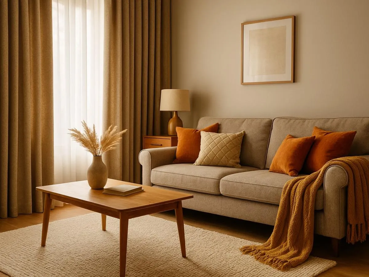 как совместить дерево, шторы и ковер